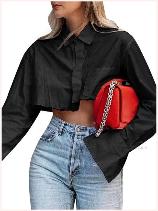 Tops - Women Crop Button Down Shirt Asymmetric Hem Long Sleeve Collared Blouse Top